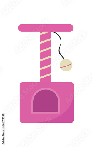 Cat tower and scratching post of pink color on a white background. Cat tree icon with cat house, Kitten furniture. Cat play area accessories with claw sharpeners for pets.