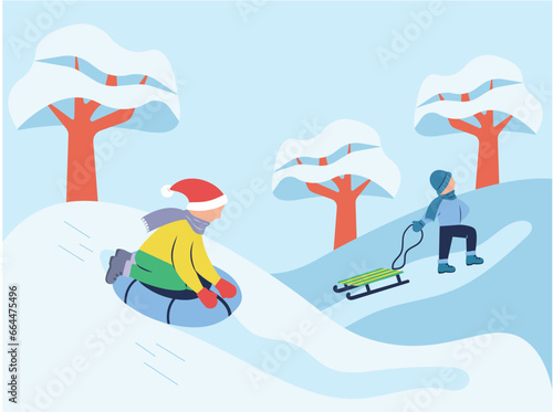 Children ride a tube and sled. Children slide on the snow in winter. Active winter holidays. Characters in warm clothes in the forest, park.