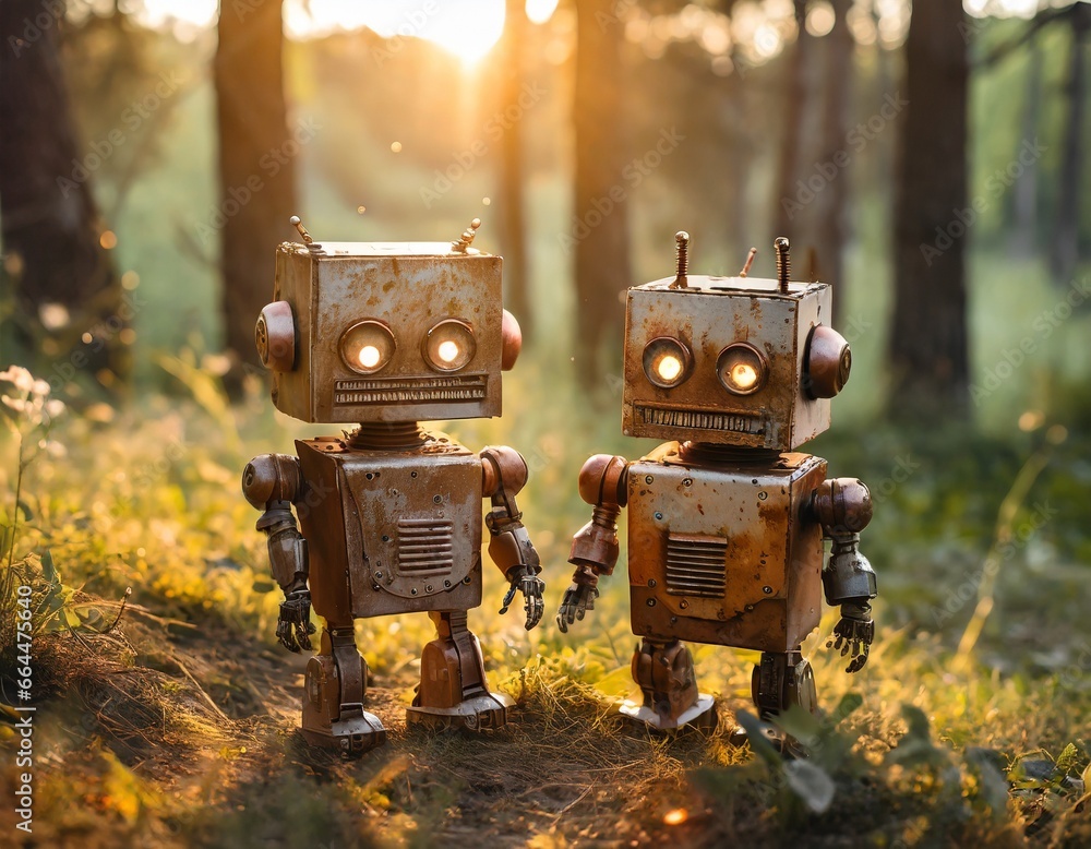 Obraz premium Two rusty old robots with glowing eyes lost on an adventure walk through the forest at dusk