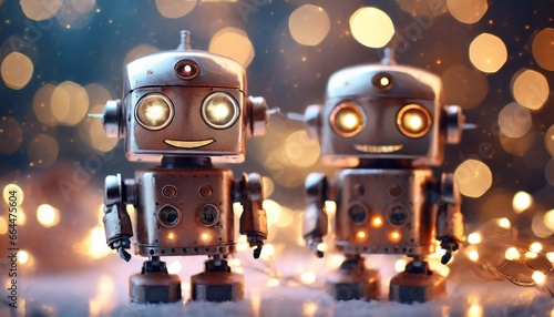 Two small cute smiling metal robots standing surrounded by mini twinkle lights for the holidays Christmas with bokeh lights in the background