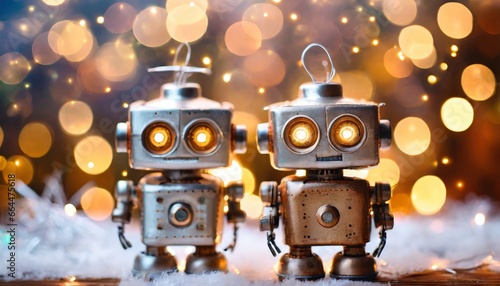 Two small cute smiling metal robots standing in snow surrounded by mini twinkle lights for the holidays Christmas with bokeh lights in the background