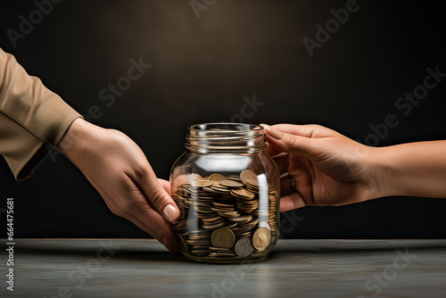 person holding a glass jar of coins photo