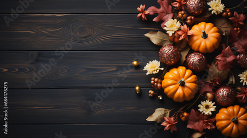 Celebrate Thanksgiving with gourds and foliage atop ebon-hued timber.