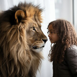 Profile of a fearless Child gently touching the face of a peacfull very large lion, ai generatetd