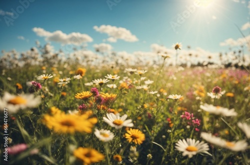Field of daisies on a background of blue sky with clouds