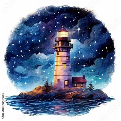 Lighthouse beside the sea at Night. watercolor for T-shirt design.