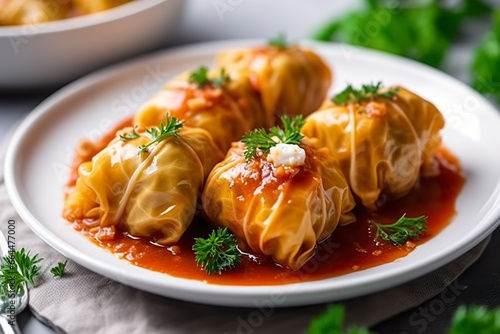 Stuffed cabbage with rice on a white table. © MSTASMA