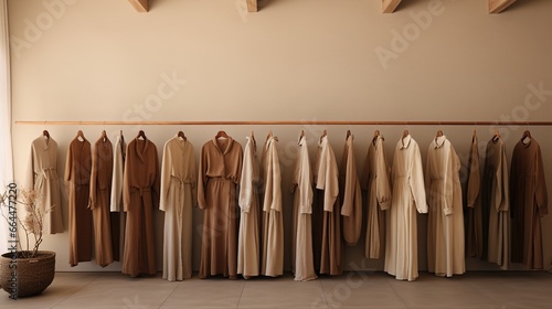 Generative AI, Cloth store aesthetic background, photo of clothes hanging on hangers, muted neutral colors 