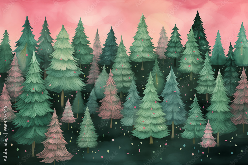 Watercolor green and pink Christmas trees. Hand drawn illustration. Christmas and New Year background.