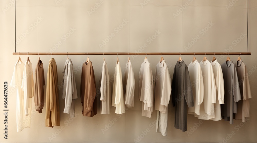 Generative AI, Cloth store aesthetic background, photo of clothes hanging on hangers, muted neutral colors Generative AI, Cloth store aesthetic background, photo of clothes hanging on hangers, muted neutral colors