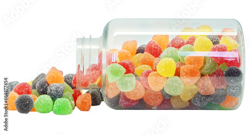 Colourful tiny gummy jellies coming out from a lying a jar on transparent background