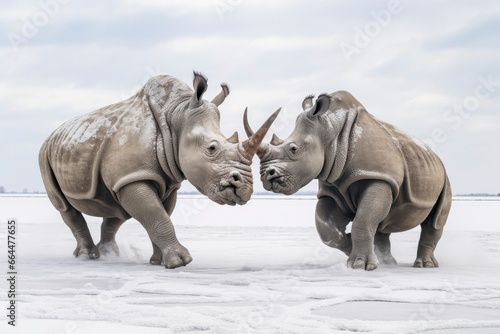 Two Rhinoceros getting ready for fight on Ice. © MSTASMA