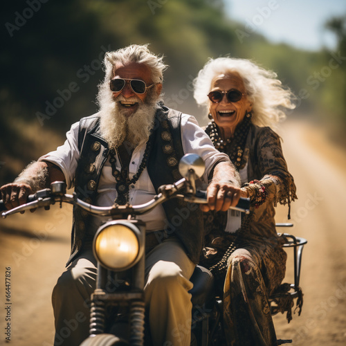 pure joie de vivre, older couple - pensioners, drives laughing on an old motorcycle to enjoy life, ai generated