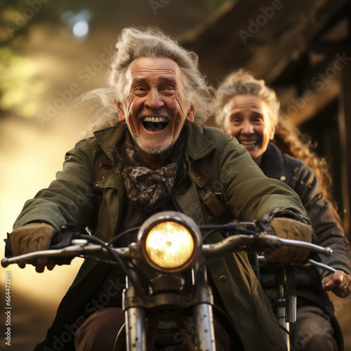 pure joie de vivre, older couple - pensioners, drives laughing on an old motorcycle to enjoy life, ai generated