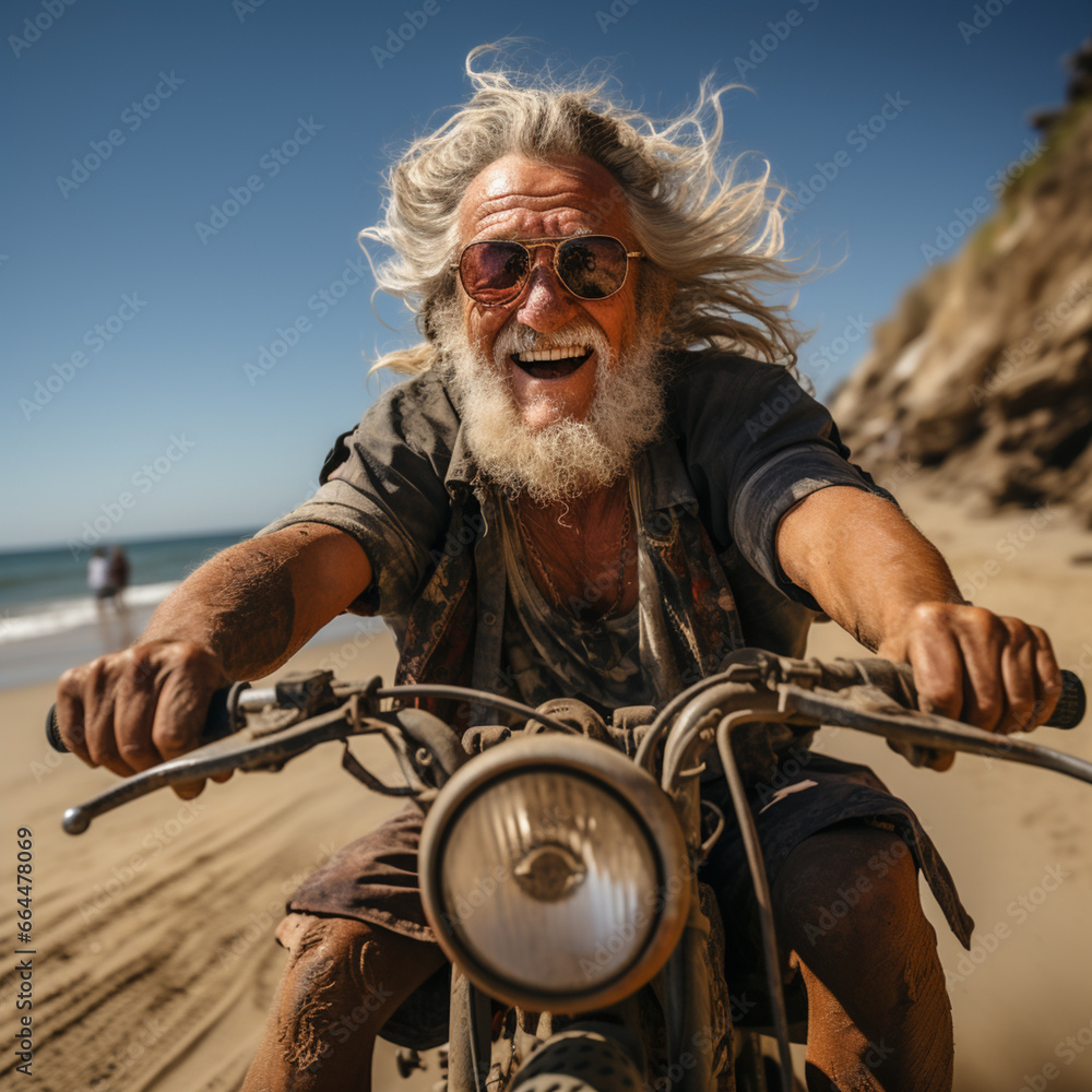pure joie de vivre, older gentleman - pensioner, grandpa, drives laughing on an old motorcycle to enjoy life, ai generates