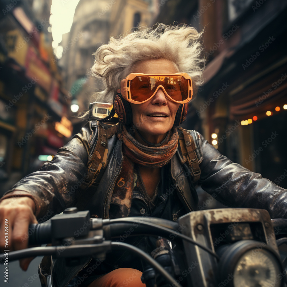 Pure joie de vivre, older woman - pensioner, grandmother, drives laughing on an old motorcycle to enjoy life, ai generates