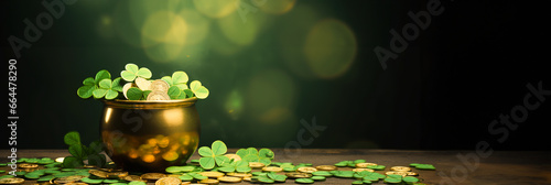 banner St Patricks day with treasure of leprechaun, pot full of golden coins and shamrocks on festive green background.