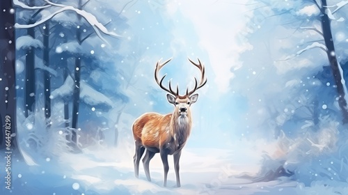 Christmas deer in the snowy forest. cute deer illustration  cool colors. wild nature.
