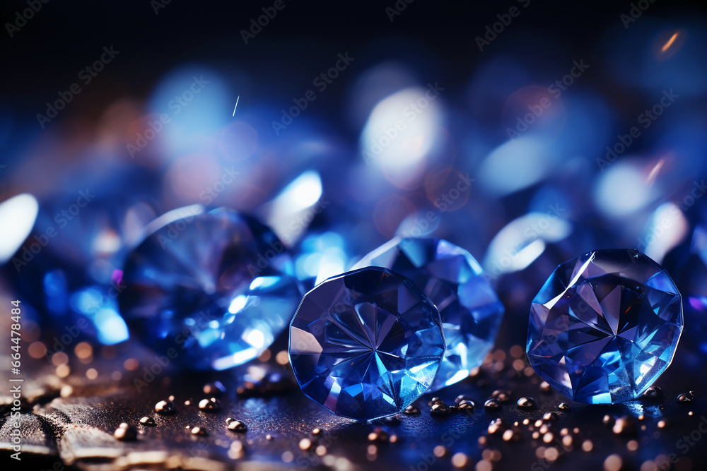 Sapphire glitter bokeh background. Unfocused shimmer royal blue sparkle. Crystal droplets wallpaper. AI generative