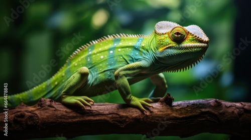 Chameleon reptile perches on a branch. © MSTASMA