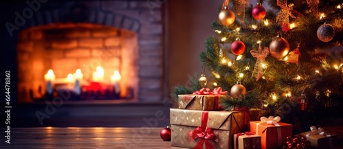 Christmas Home Room, Gift Box Below Tree With Lights And Fireplace. © MSTASMA