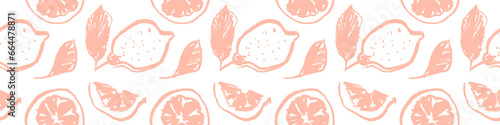 Lemon seamless pattern for Citrus fruit wallpaper on transparent background in hand drawn style. Pink lemon illustrations for cosmetic label backdrop, organic jam badge, lemon juice packaging design