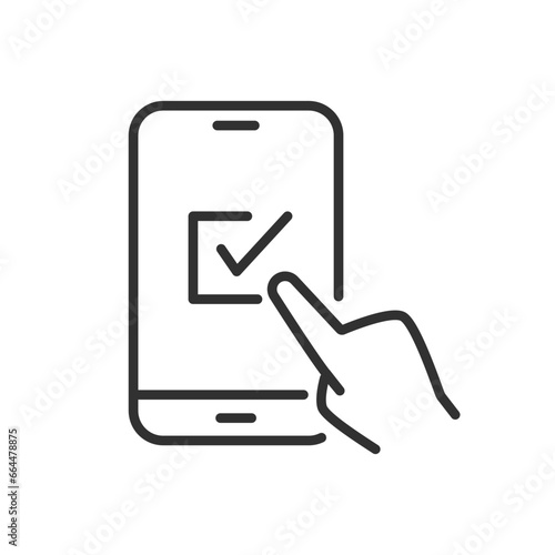 Check the box on the smartphone selection and mark, linear icon. Line with editable stroke