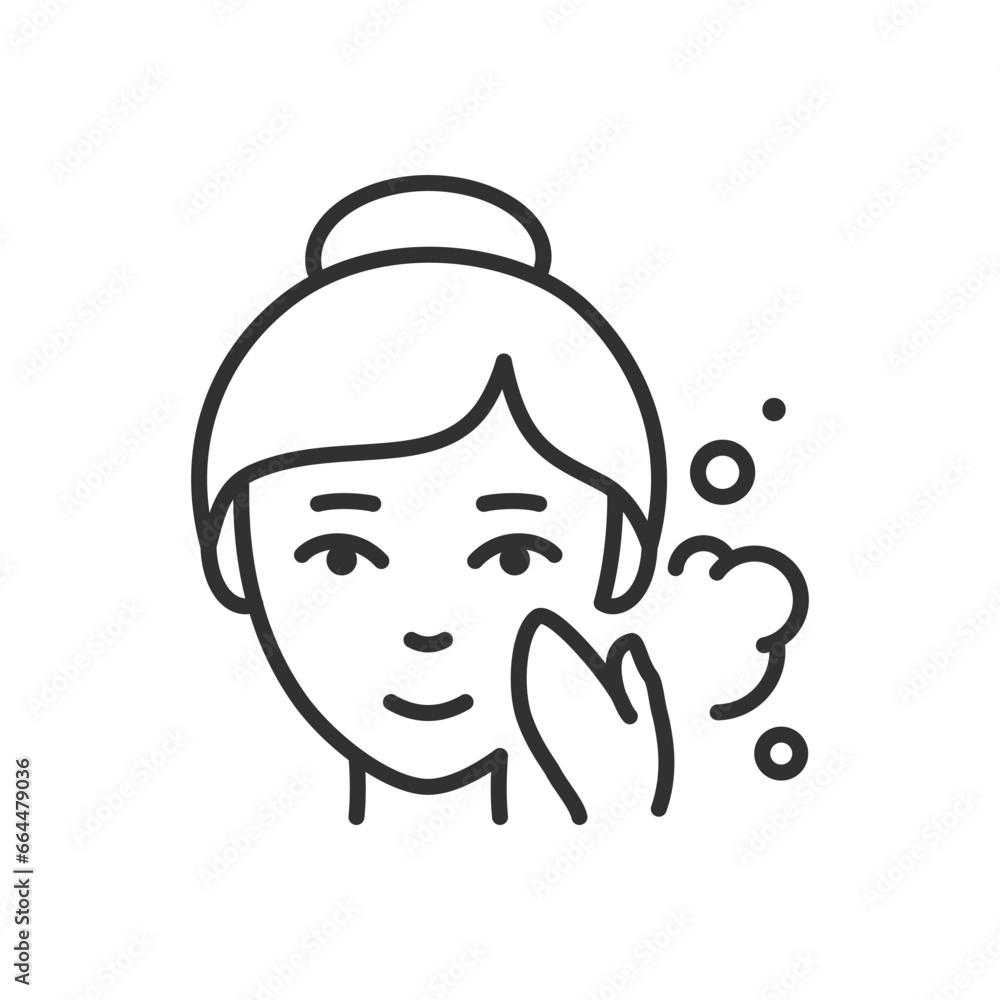 Woman soaps her face with foam, linear icon. Line with editable stroke Woman soaps her face with foam, linear icon. Line with editable stroke