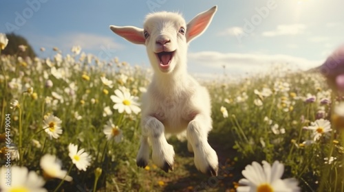 Funny little newborn goat jumping in the flower field. animal farm. photo