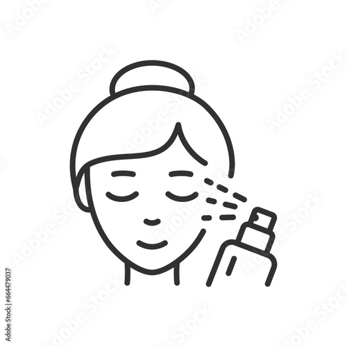 Woman sprays a spray on her face, linear icon. Line with editable stroke