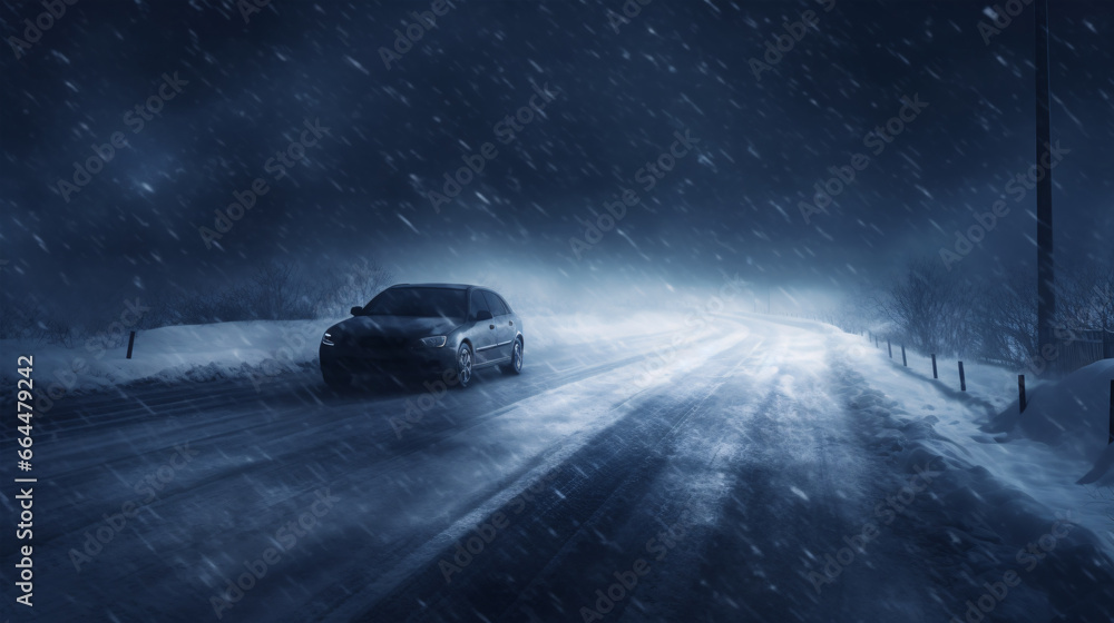 In winter, a car drove in a blizzard with reduced visibility, and snow illuminated by headlights. - obrazy, fototapety, plakaty 