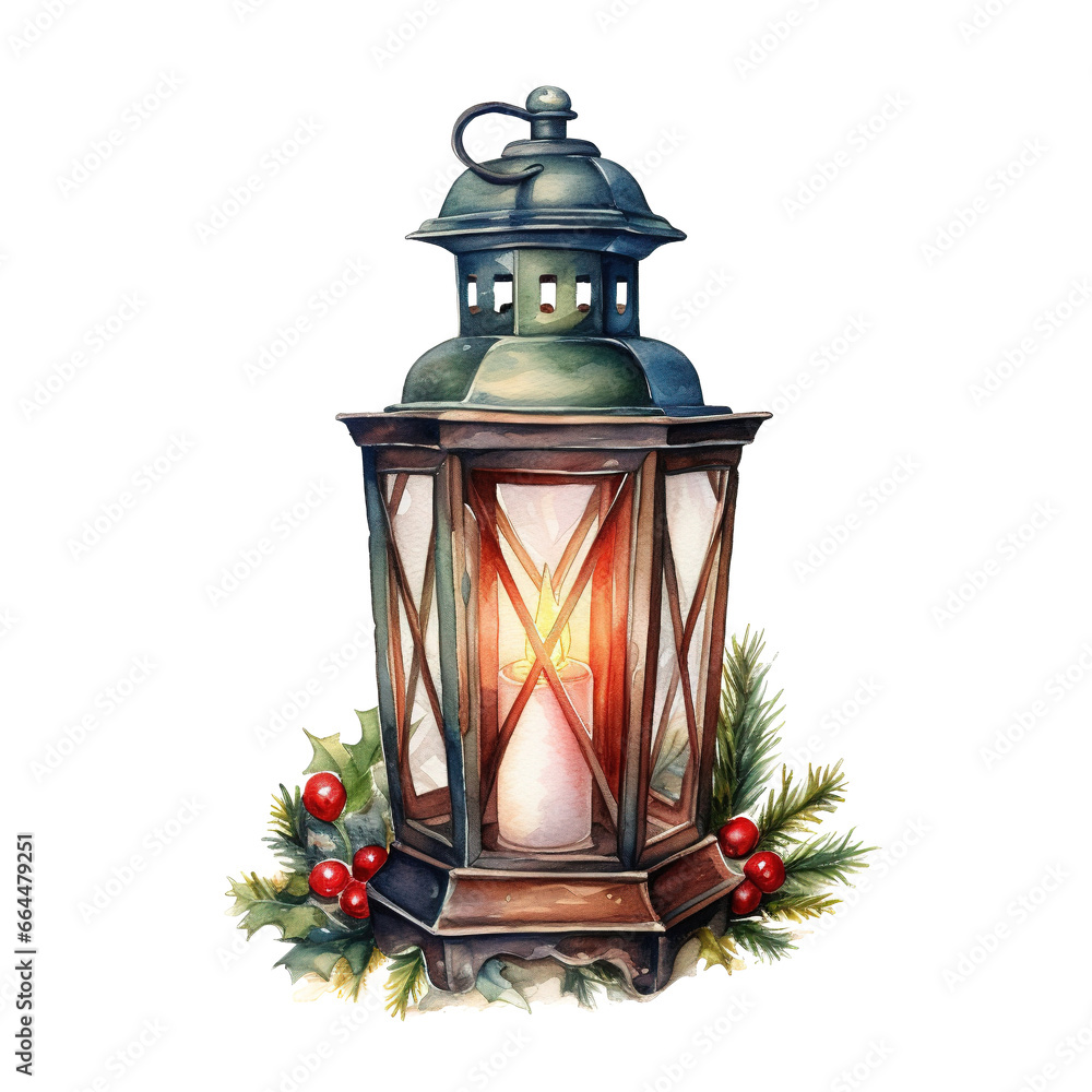 Lantern For Christmas Event. Watercolor Style. AI Generated