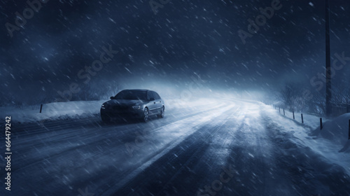 In winter, a car drove in a blizzard with reduced visibility, and snow illuminated by headlights.