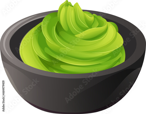 Bright green wasabi in black dishes. Vector illustration of spicy Asian dish on transparent background