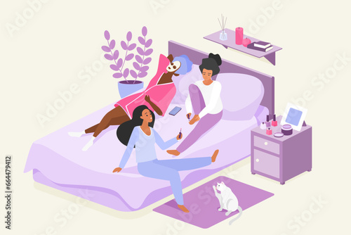 Cosmetic skincare and makeup routine of girls on pajama party or sleepover vector illustration. Cartoon young three female friends apply nail polish and natural face mask, gossip and talk together