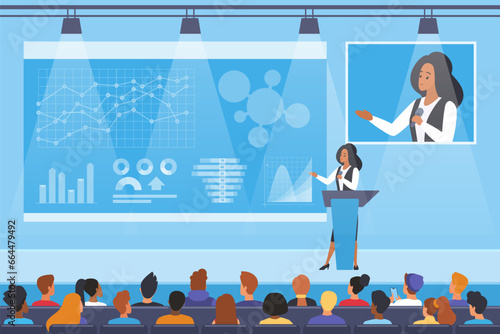 Scientific conference and lecture of speaker in auditorium vector illustration. Cartoon female scientist training students on science event or symposium, presentation speech of professor on stage