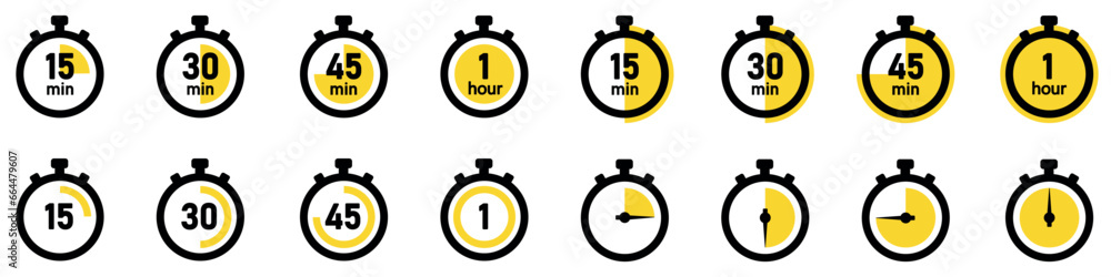 Set of Timer icons . Stopwatch symbol, quick time, countdown timer, speed measurements. Vector. Set of Timer icons . Stopwatch symbol, quick time, countdown timer, speed measurements. Vector.