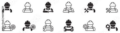 Set of mechanic icon. Male worker person, avatar with hat and work overalls. Mechanic or worker with tool and gears. Vector.