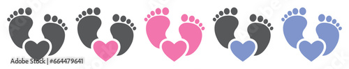 Set of baby footprints with heart, i love baby foot. Heart, baby foots. Baby feet icon. Vector.