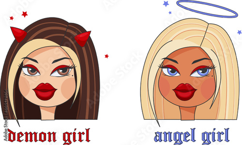 Glamorous girls with big lips and eyes with retro inscriptions in the style of y2k dolls, 2000s. Angel girl and Demon girl. Vector illustration on transparent background
