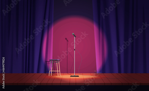Theater stage for stand up show vector illustration. Cartoon scene of comedy club with microphone on stand and open purple curtains, wooden stool and spotlight circle for talent comedian on floor