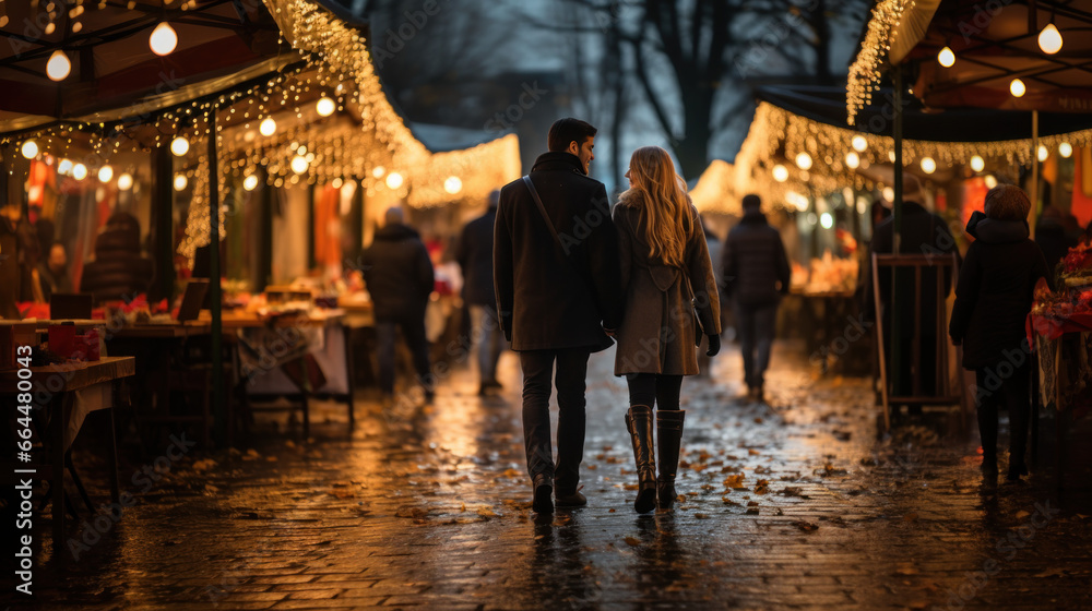couple au marché de Noël aux boutiques décorées et luminaires