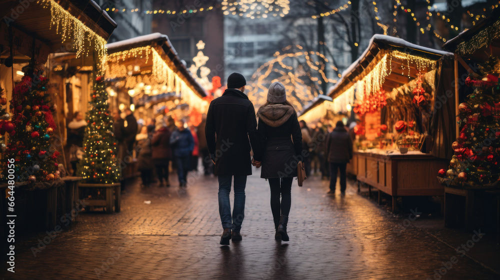 couple au marché de Noël aux boutiques décorées et luminaires