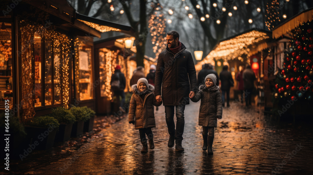 père et ses enfants au marché de Noël avec boutiques décorées et luminaires