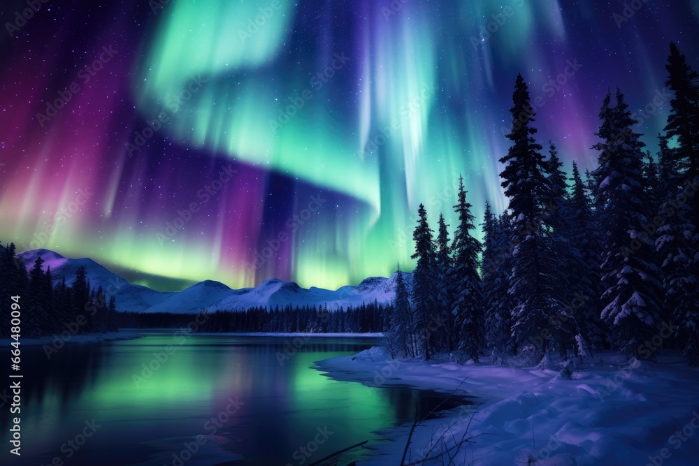 Colorful auroras lighting up a polar night sky.