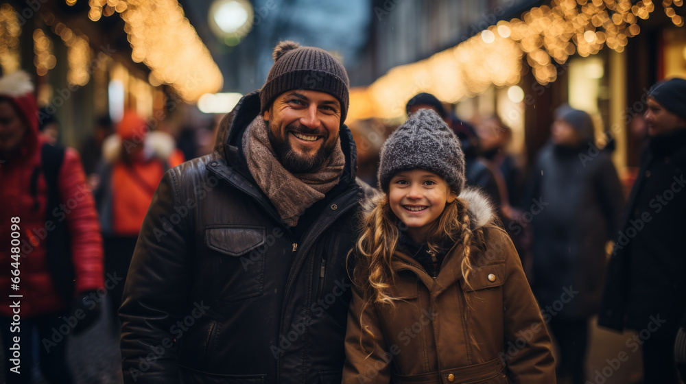 père et sa fille au marché de Noël avec boutiques décorées et luminaires père et sa fille au marché de Noël avec boutiques décorées et luminaires