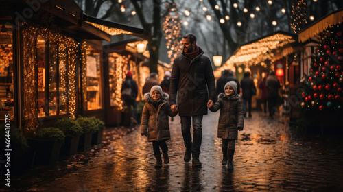 père et ses enfants au marché de Noël avec boutiques décorées et luminaires