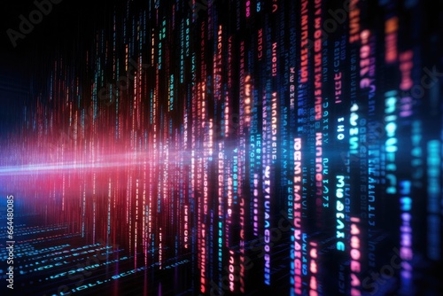 Cascading digital data, flowing neon numbers in cyberspace