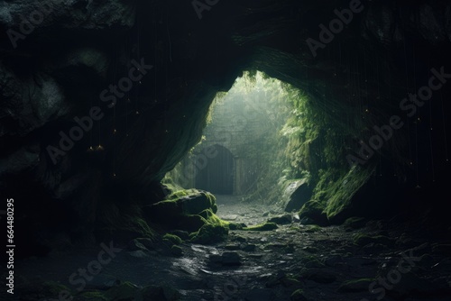 Mystical portal in a secluded mountain cave.