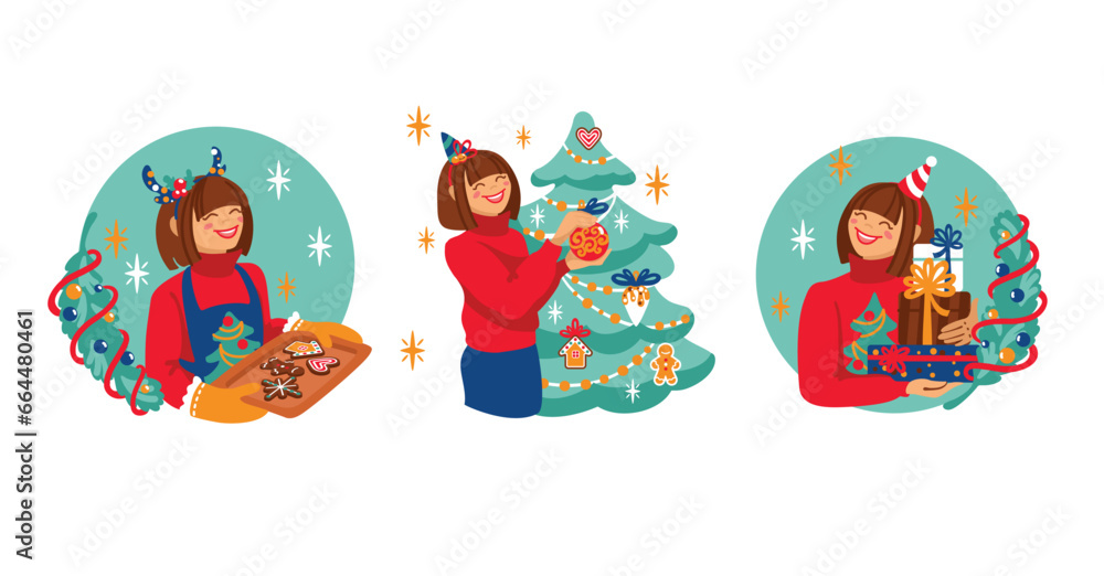 Pre-holiday preparations. Girl decorates a Christmas tree, prepares gingerbread cookies, and packs gifts.